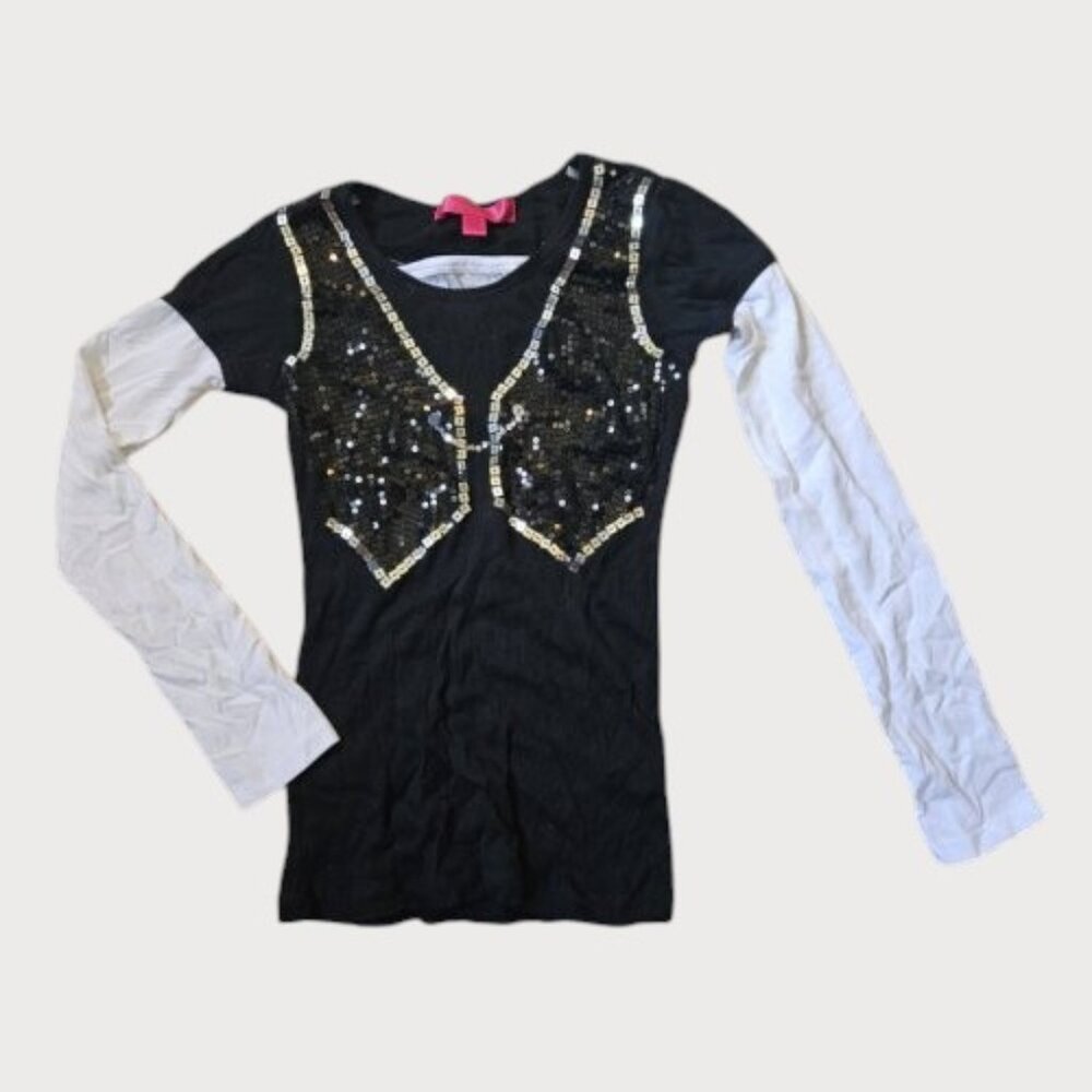 ALMOST FAMOUS Black Sequined Vest Layered Look Long Sleeved Top Size 7-8